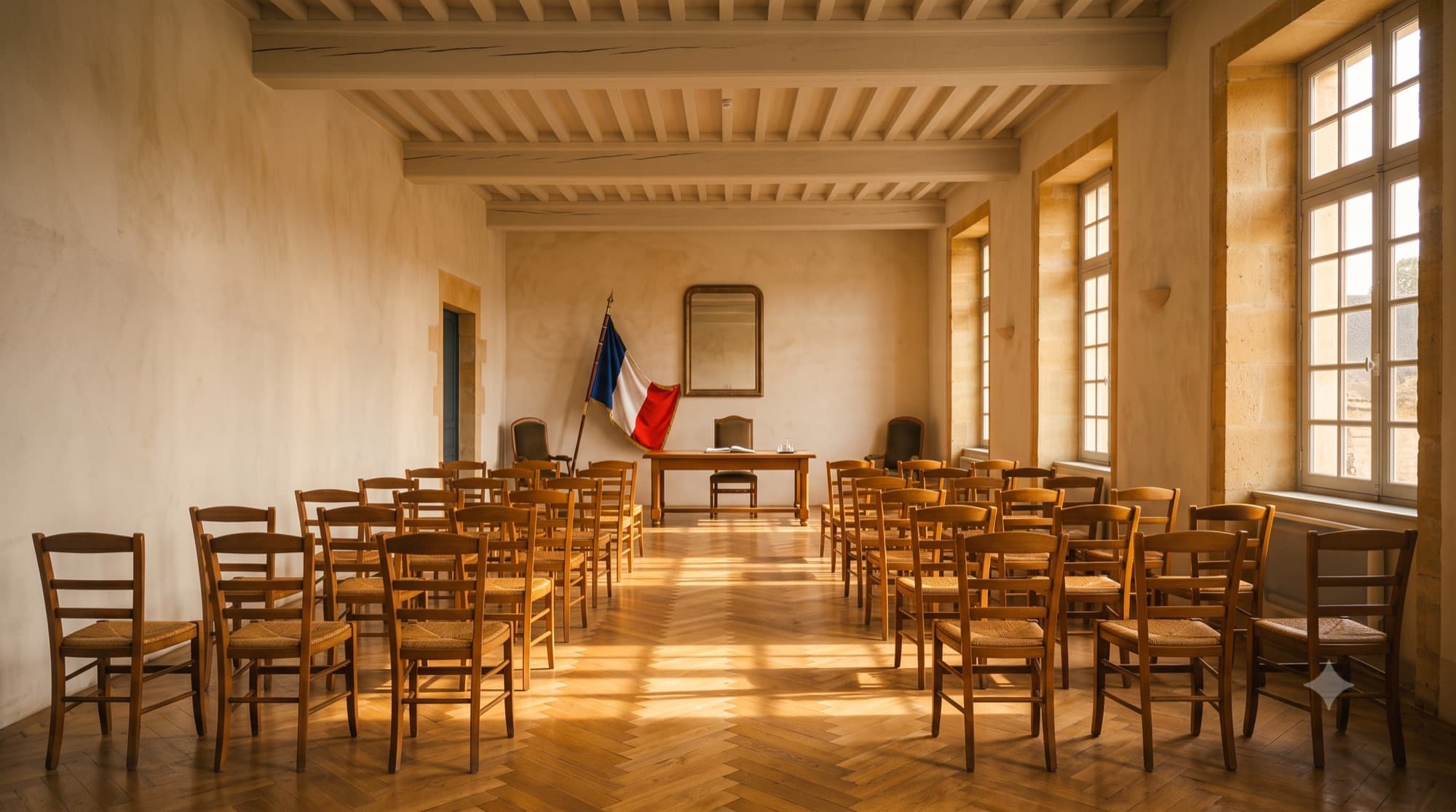 Une salle de cérémonie d'une mairie française baignée de lumière