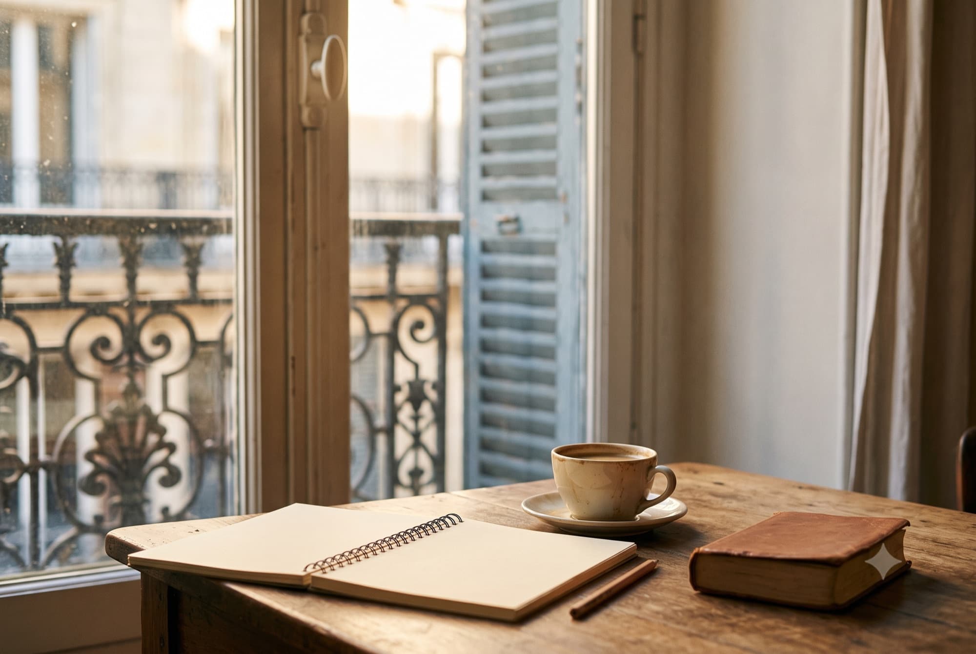 Une table près d'une fenêtre avec un carnet ouvert et un café, dans la lumière du matin