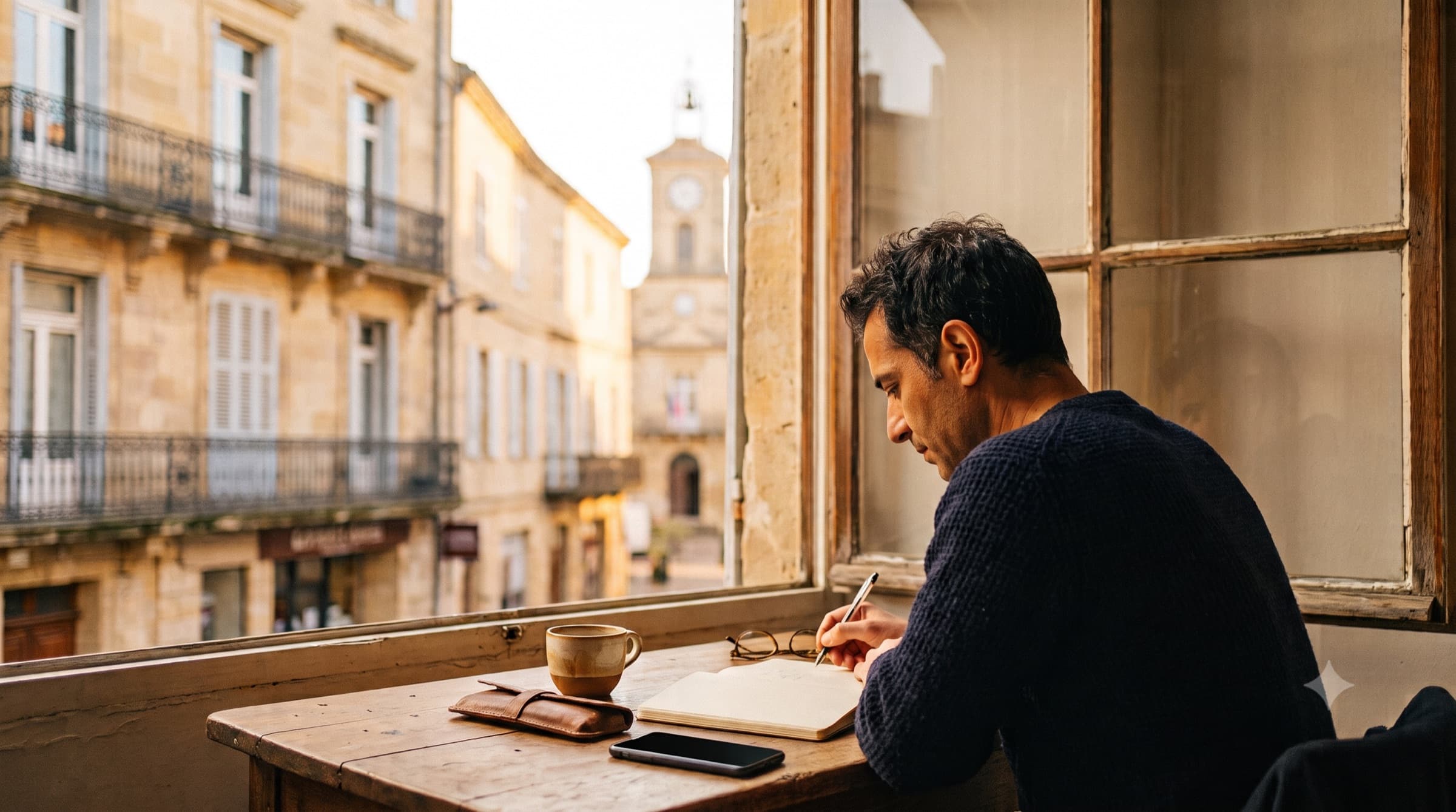 Une personne révise près d'une fenêtre, un carnet et un café sur la table, une rue française baignée de lumière dorée en arrière-plan